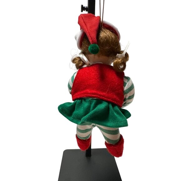 Porcelain Christmas Elf Doll Ornament With Red Vest Green Striped Outfit & Hat - Picture 5 of 8